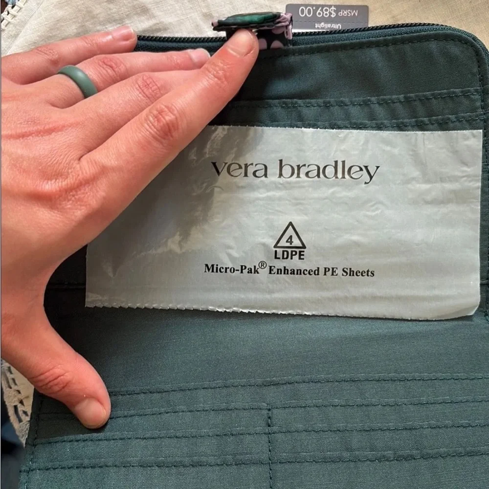 Vera Bradley Quilted Zip Wallet in Dark Green with Lavender Floral - Picture 3 of 5